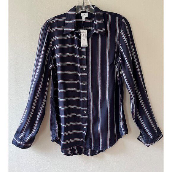 Dressbarn Sz XS Womens Navy Blue Metallic Striped Button Down Shirt Roll Tab Sly - Picture 1 of 8